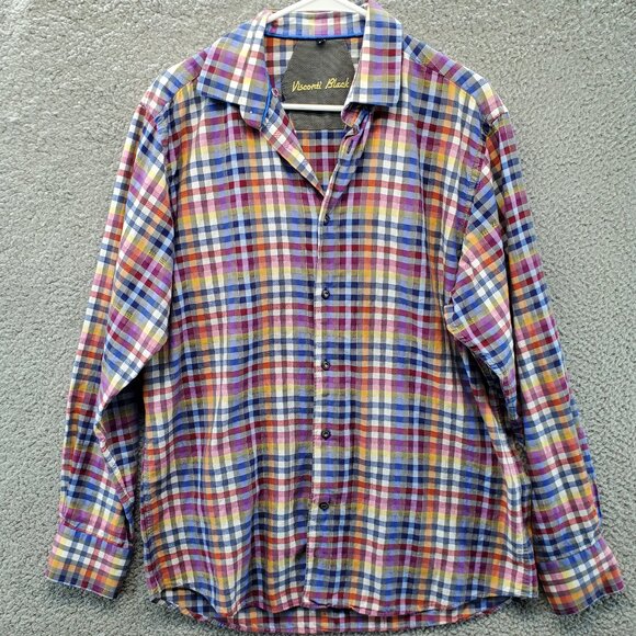 Visconti Black Multicolor Plaid Rainbow Large Check Button Down L - Picture 1 of 9